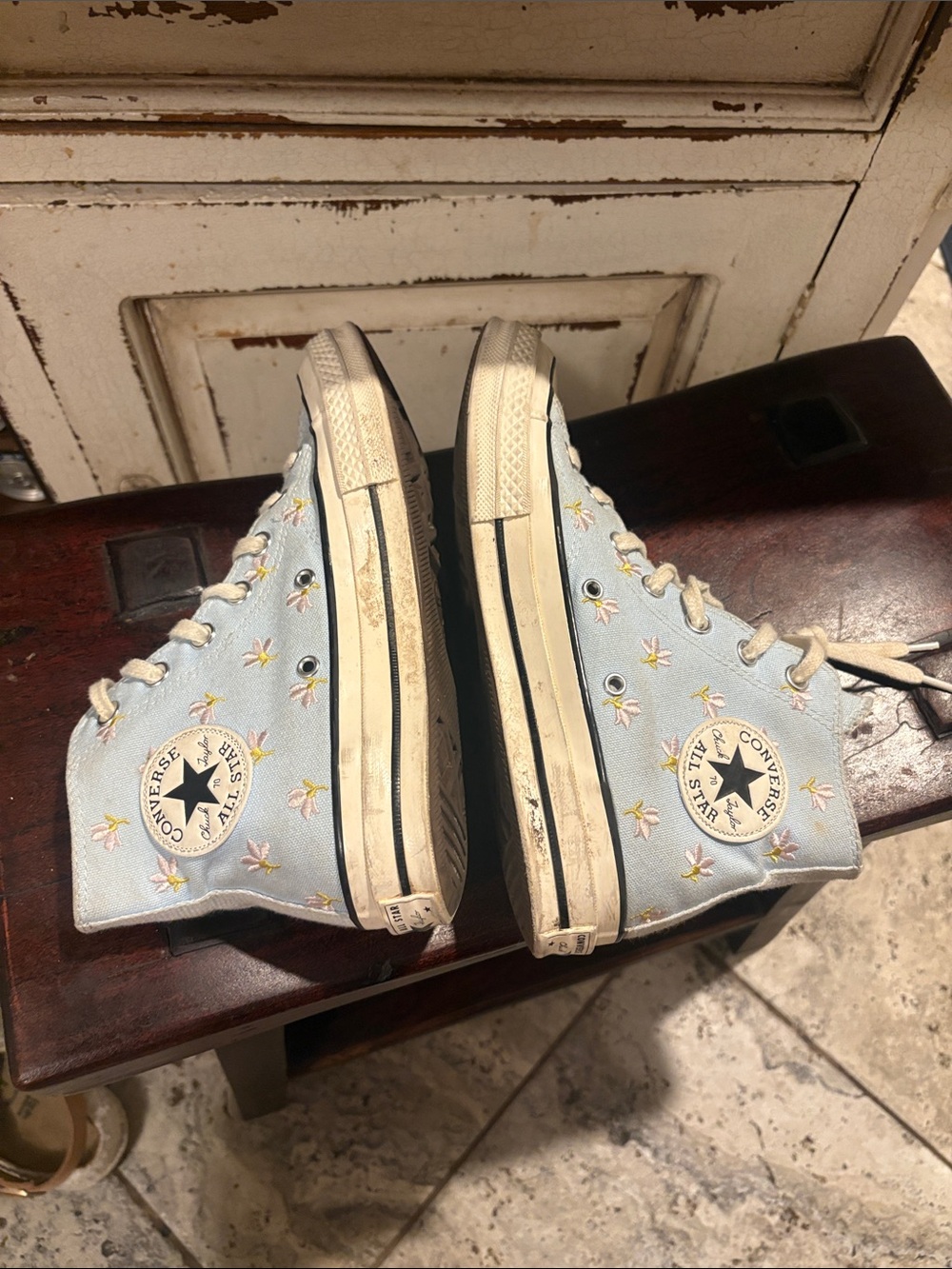 Converse Light Blue High Top Sneakers with Pink Floral Embroidery - Picture 4 of 9